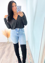 'Long Lost Love' Black Draped Fabric Bodysuit-Cali Moon Boutique, Plainville Connecticut