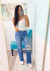 'Emma' Vervet High Waist Distressed Slim Wide Leg Jeans-These new Vervet slim wide leg jeans have the ultimate stretch we know &amp; love from Vervet with the perfect amount of distressing &amp; a medium wash denim that pairs with everything! The fit is a slim straight cut through the legs with a wider bottom opening.-Cali Moon Boutique, Plainville Connecticut