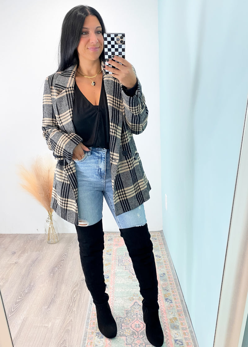 'Take Notice' Black/Tan Plaid Herringbone Blazer-We love a classic blazer moment! This plaid & herringbone blazer was made for the cooler months with it's heavier weight fabric and neutral toned colors. From office to nights out, this piece can be mixed and matched for so many outfits. Wear with jeans, black pants, faux leather, mini skirts & more! -Cali Moon Boutique, Plainville Connecticut