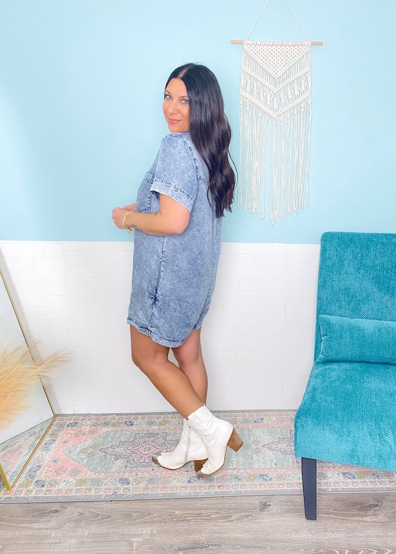 'The Cutie' Vintage Washed Soft Denim Romper-It's all in the name! This cute as can be tencel denim romper features a vintage washed moveable, non rigid denim fabric. It has side pockets, a loose fit and functional front buttons giving you so many styling options! This can easily be dressed up for your Summer concerts, worn super casual for everyday and vacation ready!-Cali Moon Boutique, Plainville Connecticut