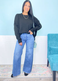 'Marlee' Black Oversized Melange Soft Sweater-Your new favorite&nbsp;everyday sweater&nbsp;has arrived! This adorable&nbsp;melange sweater&nbsp;has a relaxed oversized fit in the softest fabric. Wear over leggings or jeans and wear tucked in or out depending on the look you are going for!-Cali Moon Boutique, Plainville Connecticut