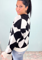 'All Fun & Games' Black/White Diamond Print Sweater with Collar-Standout from the crowd in this classic black and white diamond printed sweater! All the 90's feel with the added collar detail and chunky fit. Pair with jeans or faux leather skirts, pants etc. -Cali Moon Boutique, Plainville Connecticut