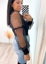 'Backstage Pass' Polka Dot Sheer Sleeve Ribbed Bodysuit-Cali Moon Boutique, Plainville Connecticut