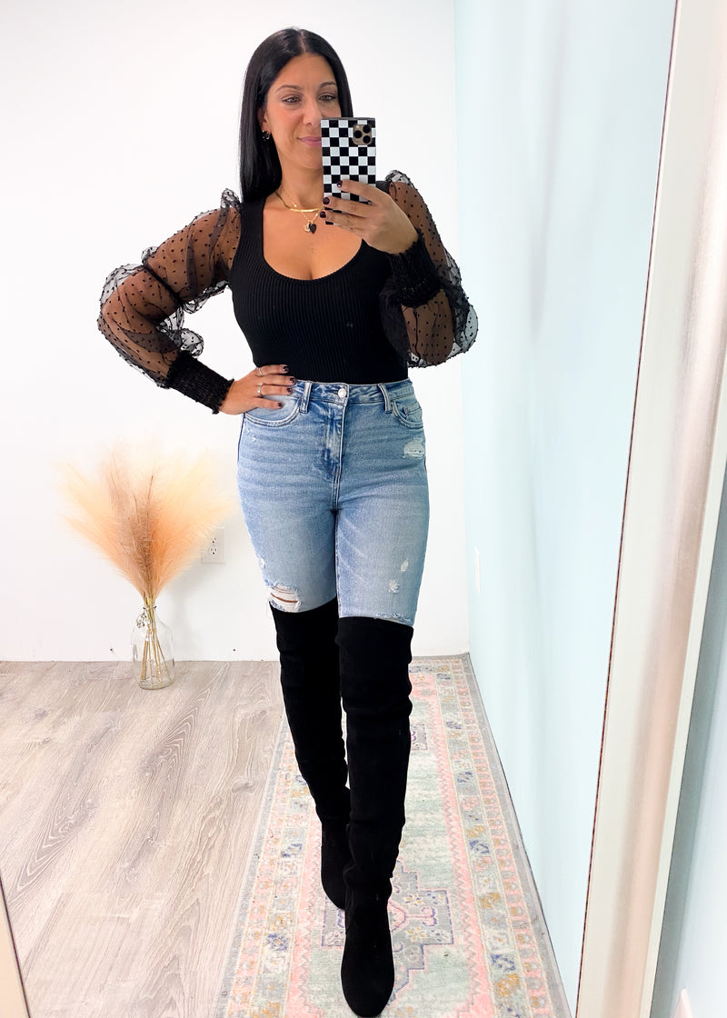 'Backstage Pass' Polka Dot Sheer Sleeve Ribbed Bodysuit-Cali Moon Boutique, Plainville Connecticut