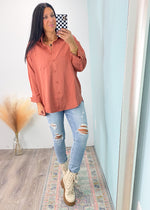 'Elements' Terracotta Button Down Shirt-This button down shirt is a perfect addition to your Fall wardrobe! The terracotta color is perfect to mix and match with neutrals and warm colors, plus it has a soft to the touch feel with stretch! Wear it as a layer, a classic top, untucked, front tied etc. So many options await and it's work friendly!-Cali Moon Boutique, Plainville Connecticut