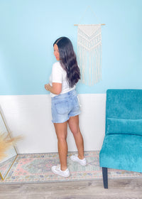 'Seashore' Risen Tummy Control Light Wash Stretch Jean Shorts-Risen Brand Jean Shorts. Light Wash Jean shorts with frayed bottom hem -Cali Moon Boutique, Plainville Connecticut