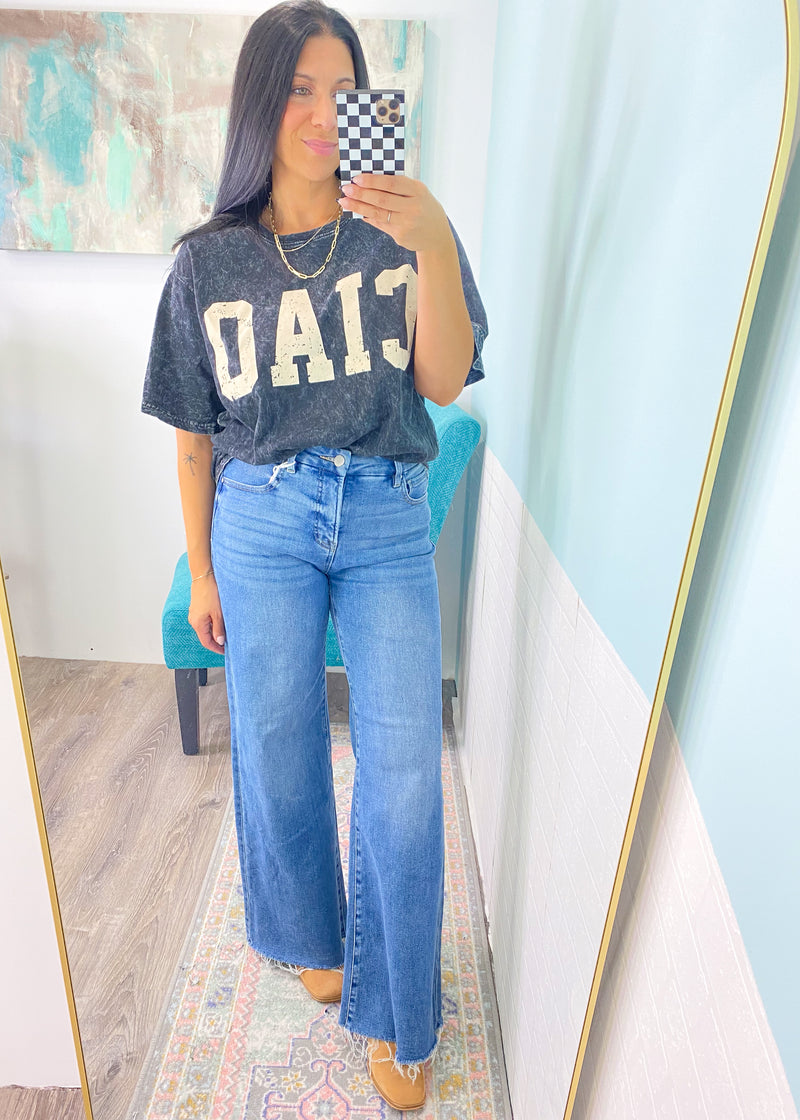 'Mackenzie' Risen Medium Wash Tummy Control Wide Leg Jeans-The perfect wide leg jeans in a medium wash for dressing up or wearing casual. With a comfortable tummy control panel and amazing soft denim with tons of stretchy, you will want to wear these everyday!-Cali Moon Boutique, Plainville Connecticut