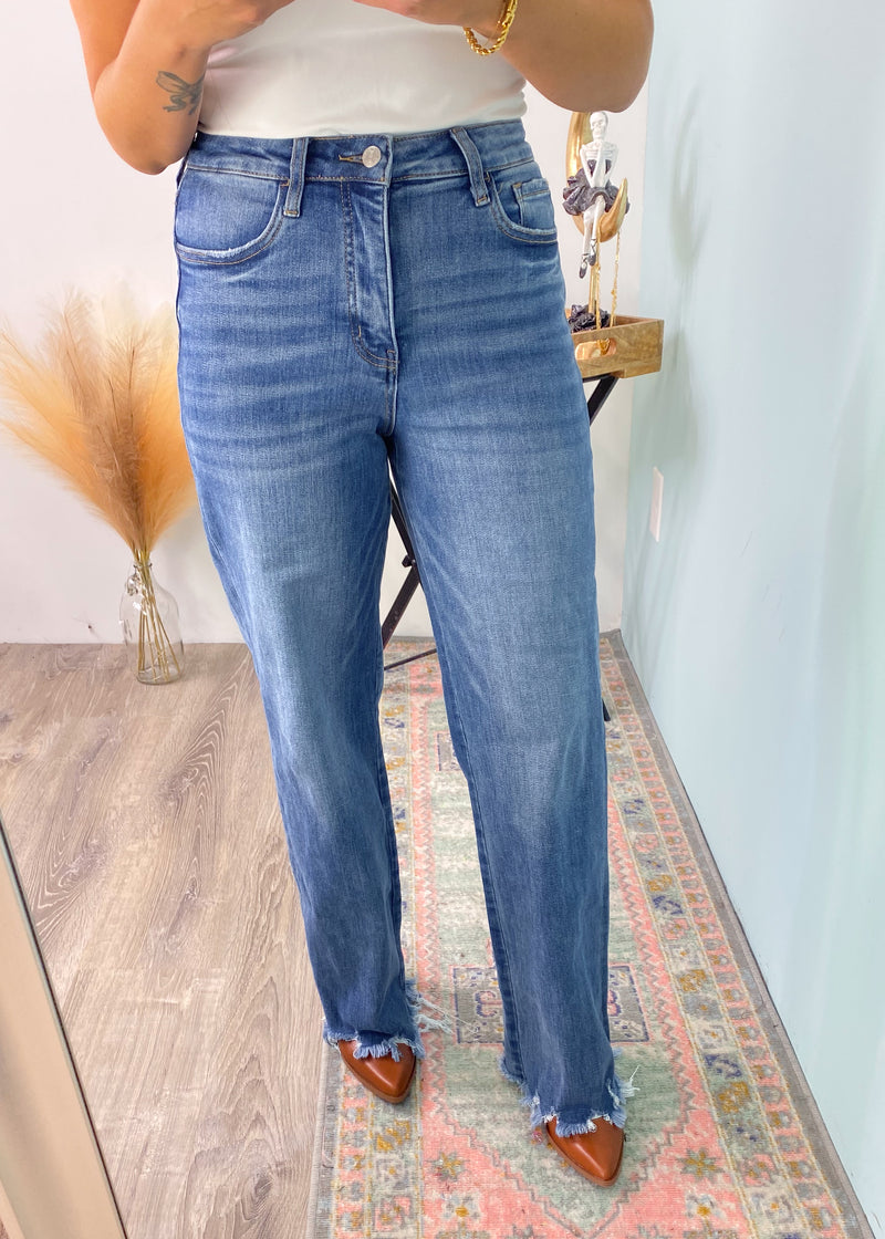 'Starla' Vervet Super High Rise Relaxed Fit Jeans-These loose and relaxed jeans are giving us 90's feels but with the most comfortable stretchy fabric you will never feel like you're wearing jeans! Pair with sneakers, boots and booties. The medium washed denim matches with pretty much every color. Dress them up or keep them super casual.-Cali Moon Boutique, Plainville Connecticut