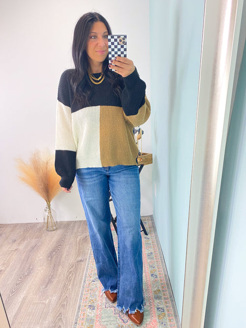'Triple Digits' Colorblock Tie Back Sweater-Colorblock is so popular right now and this sweater is lightweight and will pair with light, medium and dark/black jeans and pants. The keyhole tie back adds an extra adorable detail! Throw on and go! -Cali Moon Boutique, Plainville Connecticut
