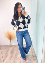 'All Fun & Games' Black/White Diamond Print Sweater with Collar-Standout from the crowd in this classic black and white diamond printed sweater! All the 90's feel with the added collar detail and chunky fit. Pair with jeans or faux leather skirts, pants etc. -Cali Moon Boutique, Plainville Connecticut
