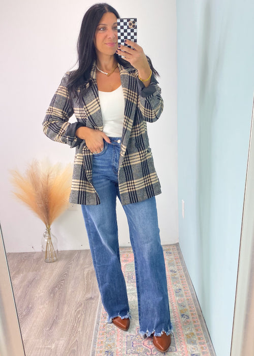 'Take Notice' Black/Tan Plaid Herringbone Blazer-We love a classic blazer moment! This plaid & herringbone blazer was made for the cooler months with it's heavier weight fabric and neutral toned colors. From office to nights out, this piece can be mixed and matched for so many outfits. Wear with jeans, black pants, faux leather, mini skirts & more! -Cali Moon Boutique, Plainville Connecticut