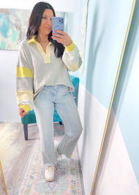 'Lemon Tree' Heather Gray & Yellow French Terry Sweatshirt-All the spring vibes in this loose fitting french terry sweatshirt. A soft heather gray, yellow and cream color combo with the perfect weight for multiple seasons.-Cali Moon Boutique, Plainville Connecticut