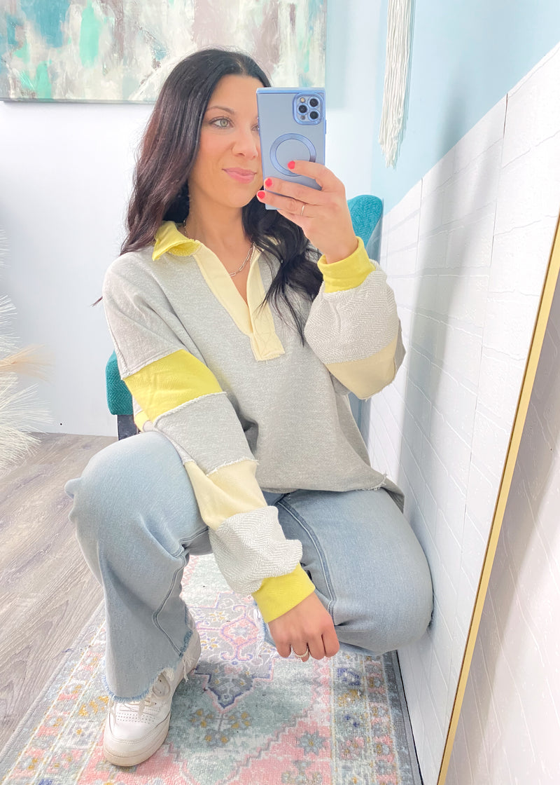 'Lemon Tree' Heather Gray & Yellow French Terry Sweatshirt-All the spring vibes in this loose fitting french terry sweatshirt. A soft heather gray, yellow and cream color combo with the perfect weight for multiple seasons.-Cali Moon Boutique, Plainville Connecticut