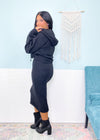 'Make it a Double' Black Sweater Hoodie & Pencil Skirt Set-This sweater hoodie &amp; skirt set is Fall perfection! The relaxed &amp; laid back look of the hoodie perfectly balances the more fitted &amp; structured midi pencil skirt allowing you to wear it super casual with sneakers or dressed up with boots/booties! Plus you can mix and match to make so many outfit combos!-Cali Moon Boutique, Plainville Connecticut