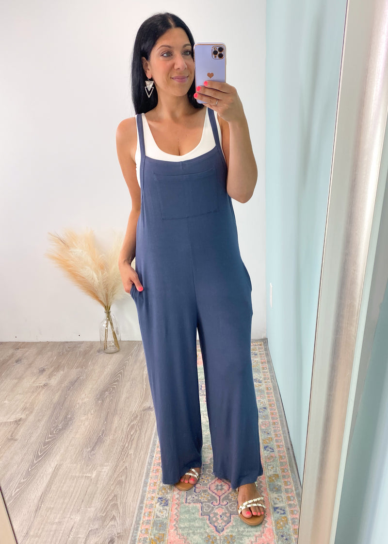 'One Love' Blue Gray Modal Overall Cropped Jumpsuit-These overall style jumpsuits are as comfy as they are cute! Stretchy and soft to the touch modal fabric is perfect for all day wear! You might even want to sleep in them!-Cali Moon Boutique, Plainville Connecticut