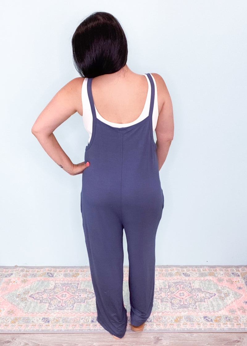 'One Love' Blue Gray Modal Overall Cropped Jumpsuit-These overall style jumpsuits are as comfy as they are cute! Stretchy and soft to the touch modal fabric is perfect for all day wear! You might even want to sleep in them!-Cali Moon Boutique, Plainville Connecticut