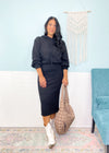 'Make it a Double' Black Sweater Hoodie & Pencil Skirt Set-This sweater hoodie &amp; skirt set is Fall perfection! The relaxed &amp; laid back look of the hoodie perfectly balances the more fitted &amp; structured midi pencil skirt allowing you to wear it super casual with sneakers or dressed up with boots/booties! Plus you can mix and match to make so many outfit combos!-Cali Moon Boutique, Plainville Connecticut