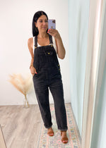 'Flashback' Black Vintage Washed Denim Overalls-The 90's are calling & we're here to answer! These denim overalls have a faded vintage wash, antique gold buttons and a perfectly relaxed silhouette!-Cali Moon Boutique, Plainville Connecticut