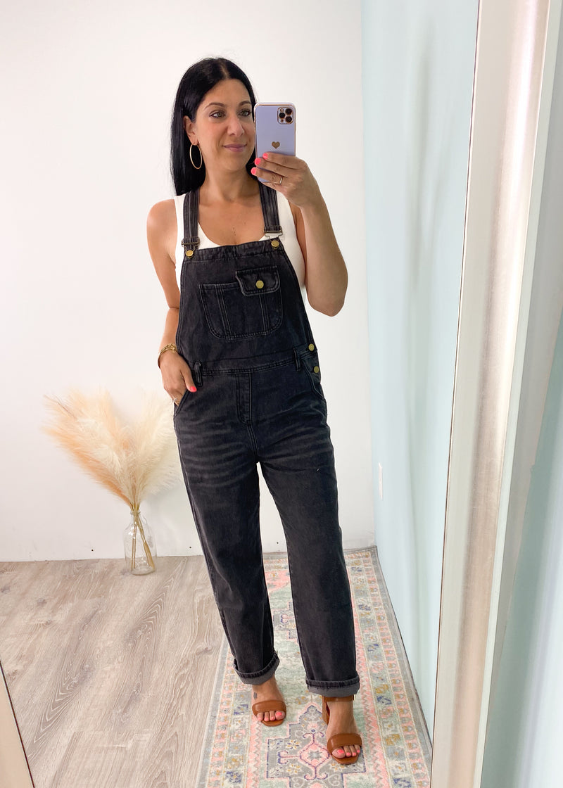 'Flashback' Black Vintage Washed Denim Overalls-The 90's are calling & we're here to answer! These denim overalls have a faded vintage wash, antique gold buttons and a perfectly relaxed silhouette!-Cali Moon Boutique, Plainville Connecticut