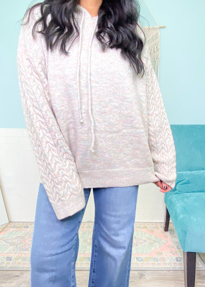 'Aria' Heather Gray with Marled Pink Cable Sleeve Sweater Hoodie-As cozy as they come! This sweater features the softest fabric, a hoodie, cable knit detail sleeves and a "confetti" like marled design in the fabric. Your everyday casual bestie.-Cali Moon Boutique, Plainville Connecticut