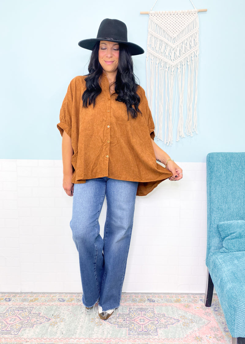 'First Foliage' Chestnut Oversized Corduroy Shirt-Be ready for the change of weather with this short sleeve cordurroy button front top! The lightweight corduroy fabric gives you the look &amp; feel of Fall without being too heavy. A perfect transition piece that can be layered as the weather cools even more. The oversized fit and functional buttons lend many outfit options!&nbsp;-Cali Moon Boutique, Plainville Connecticut