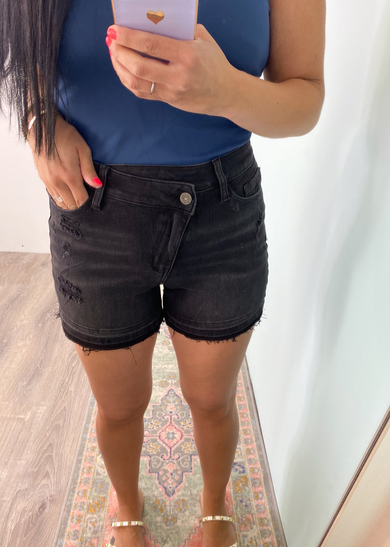 'Stormy' Black Crossover Waistband Denim Shorts-Cali Moon Boutique, Plainville Connecticut