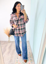 'Rayna' Pink Bleached Frayed Hem Plaid Flannel Shirt-This bleached plaid shirt is an adorable and & unique way to liven up your Fall plaid game! It features a multi color plaid with a vintage bleached effect, brushed fabric and fringe hem. Perfect to pair with all shades of denim and black leggings. Wear as a classic shirt or as a layering piece. -Cali Moon Boutique, Plainville Connecticut
