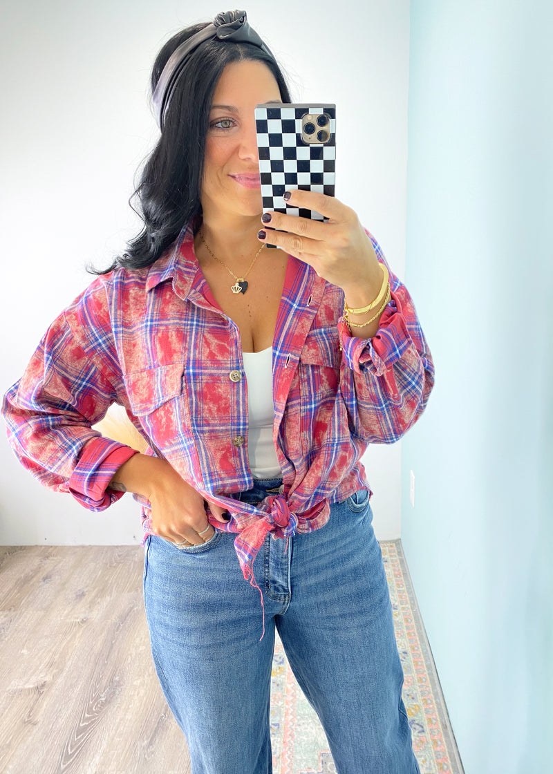 'Rayna' Red Bleached Frayed Hem Plaid Flannel Shirt-This bleached plaid shirt is an adorable and & unique way to liven up your Fall plaid game! It features a multi color plaid on a red base with a vintage bleached effect, brushed fabric and fringe hem. Perfect to pair with all shades of denim and black leggings. Wear as a classic shirt or as a layering piece. -Cali Moon Boutique, Plainville Connecticut