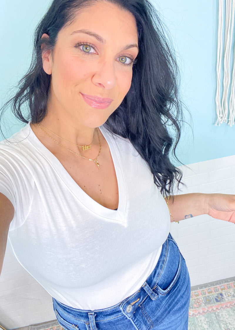 White Fitted V-Neck Tee-A classic white v-neck tee will give you endless outfit options! The fitted style on this tee adds a little bit of sexy when styled for a day/night out! Also great for an everyday layer or throw on and go top!-Cali Moon Boutique, Plainville Connecticut
