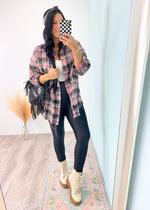 'Rayna' Pink Bleached Frayed Hem Plaid Flannel Shirt-This bleached plaid shirt is an adorable and & unique way to liven up your Fall plaid game! It features a multi color plaid with a vintage bleached effect, brushed fabric and fringe hem. Perfect to pair with all shades of denim and black leggings. Wear as a classic shirt or as a layering piece. -Cali Moon Boutique, Plainville Connecticut