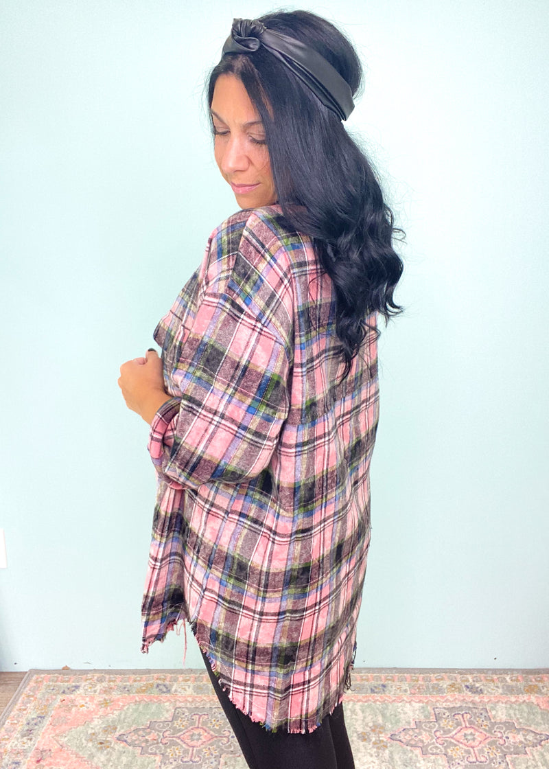 'Rayna' Pink Bleached Frayed Hem Plaid Flannel Shirt-This bleached plaid shirt is an adorable and & unique way to liven up your Fall plaid game! It features a multi color plaid with a vintage bleached effect, brushed fabric and fringe hem. Perfect to pair with all shades of denim and black leggings. Wear as a classic shirt or as a layering piece. -Cali Moon Boutique, Plainville Connecticut