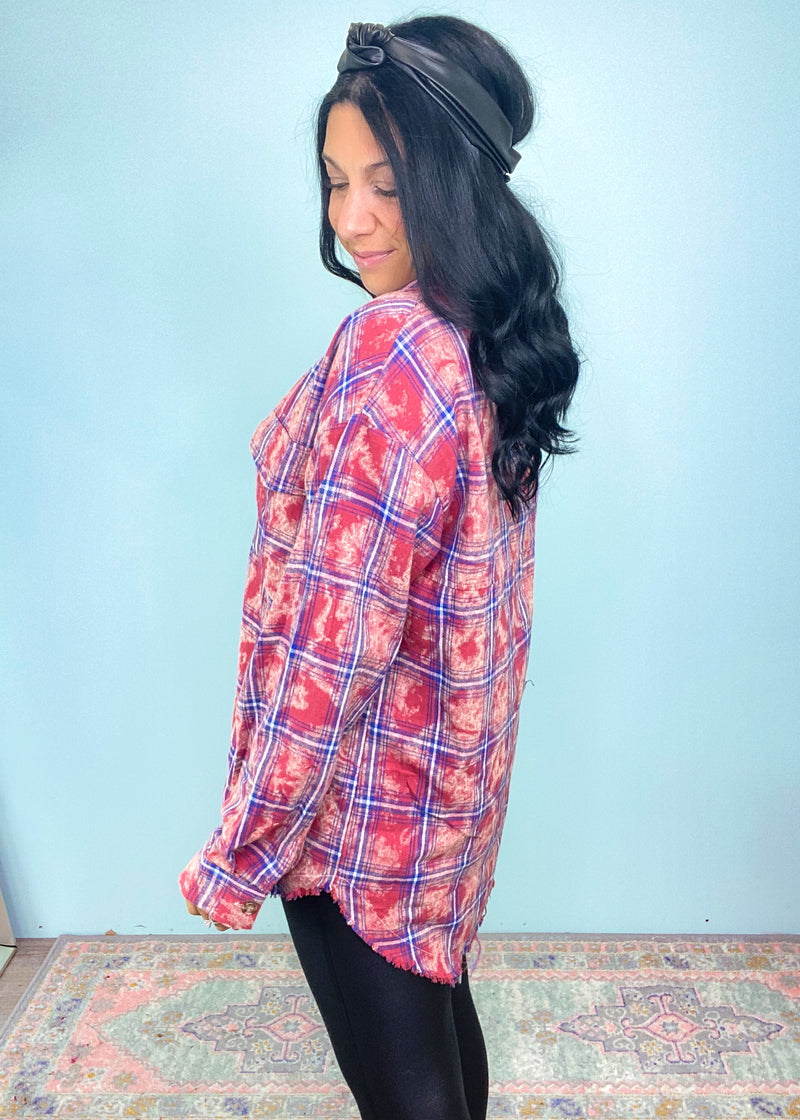 'Rayna' Red Bleached Frayed Hem Plaid Flannel Shirt-This bleached plaid shirt is an adorable and & unique way to liven up your Fall plaid game! It features a multi color plaid on a red base with a vintage bleached effect, brushed fabric and fringe hem. Perfect to pair with all shades of denim and black leggings. Wear as a classic shirt or as a layering piece. -Cali Moon Boutique, Plainville Connecticut