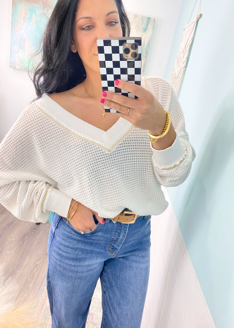 'Devyn' White Double V Waffle Knit Slouchy Top-Casual chic! This lightweight waffle knit top can be worn all year! It features a slouchy fit with double v neck and back design. It can be worn on or off the shoulder, tucked in or out and worn super lounge casual or paired with jeans/leggings for a semi casual days/nights out!-Cali Moon Boutique, Plainville Connecticut