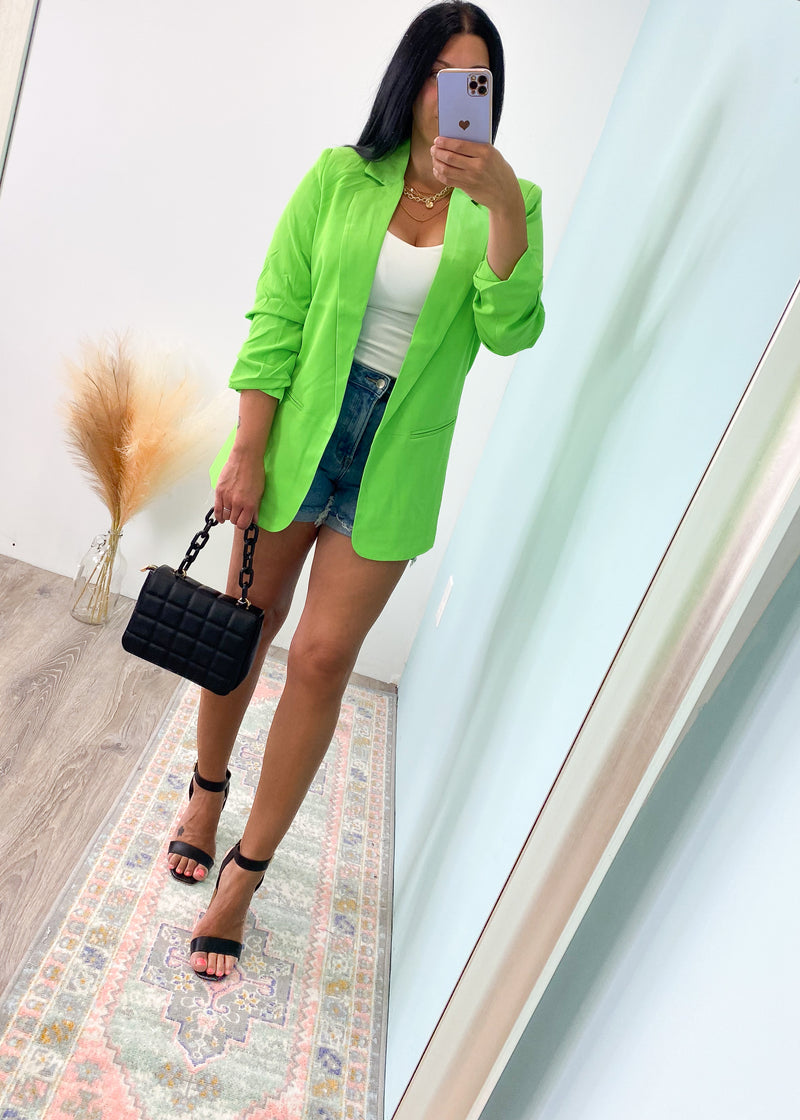 'Girl Code' Electric Lime Green Ruched Sleeve Blazer-Electric Lime Green is a hot color for Summer '23 & this Blazer doesn't disappoint! Make a statement in this perfectly draped silhouette that can be worn to your weekend brunch with jeans & a bodysuit or worn to work with dress pants! -Cali Moon Boutique, Plainville Connecticut
