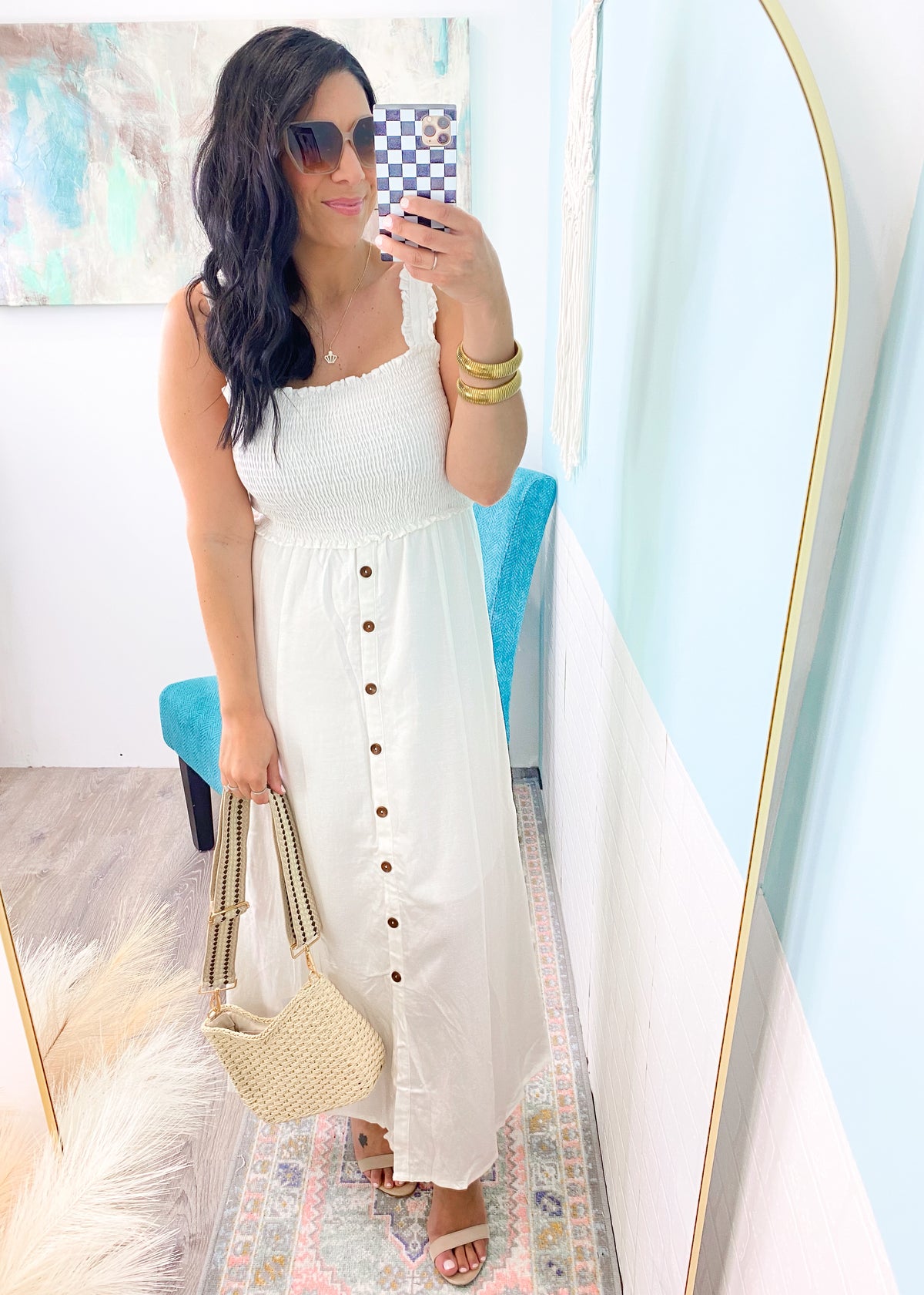 'Sweet Summer' Off White Square Neck Smocked Midi Dress-<p><strong><span>This off white Spring &amp; Summer ready Midi dress is a classic you will wear for years to come! The lightweight linen blend fabric is perfect for those extra warm days. Comfortable, non restrictive smocking top and flowy bottom. Dress up for events or add a denim/leather jacket &amp; sneakers for casual chic look.-Cali Moon Boutique, Plainville Connecticut