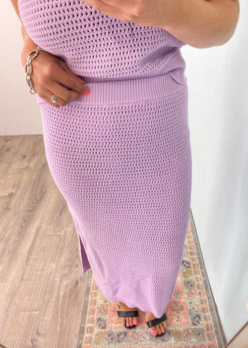 'Hot Girl Summer' Lilac Open Crochet Side Slit Midi Skirt - Matching Set!-Obvi you're in your Hot Girl Summer season! Wear this Lilac Open Crochet Midi Skirt with it's matching sleeveless top or pair it with your favorite bodysuits, tanks, denim jackets etc.-Cali Moon Boutique, Plainville Connecticut