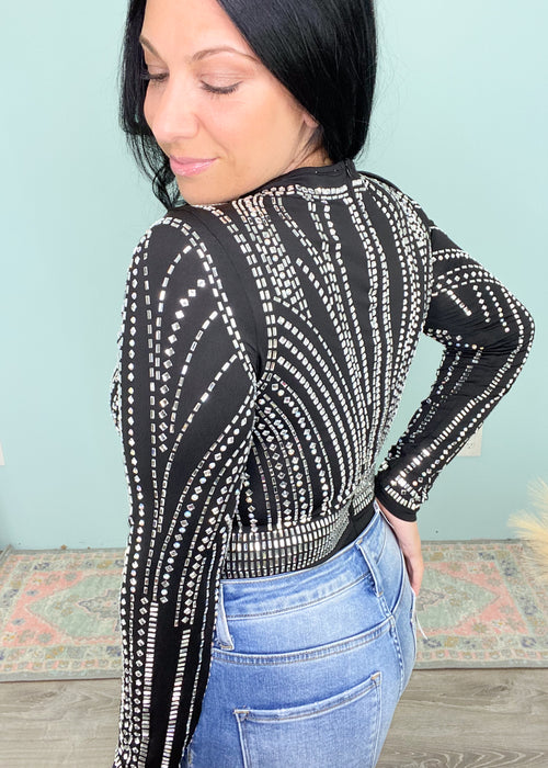 'The Good Life' Black Embellished Bodysuit-Welcome to the Good Life! This embellished bodysuit is a statement piece that can be worn year round! Wear with shorts & cowboy boots for Summer concerts or with skinny Jeans and over the knee boots for Fall/Winter nights out! -Cali Moon Boutique, Plainville Connecticut