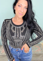 'The Good Life' Black Embellished Bodysuit-Welcome to the Good Life! This embellished bodysuit is a statement piece that can be worn year round! Wear with shorts & cowboy boots for Summer concerts or with skinny Jeans and over the knee boots for Fall/Winter nights out! -Cali Moon Boutique, Plainville Connecticut