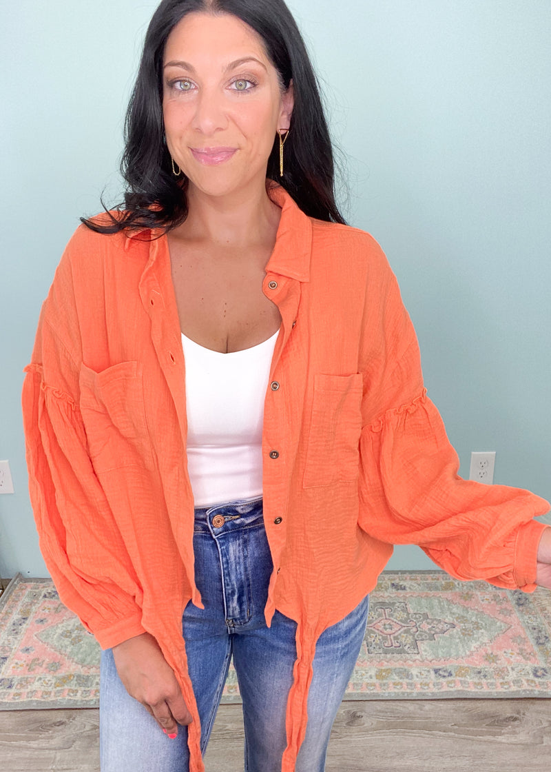 'Free Spirit' Vibrant Orange Gauze Balloon Sleeve Button Front Top-Lightweight gauze top in a beautiful bright orange that is perfect for Spring & Summer Days! The balloon sleeve looks adorable with shorts. Wear buttoned or unbuttoned as a layering top.-Cali Moon Boutique, Plainville Connecticut