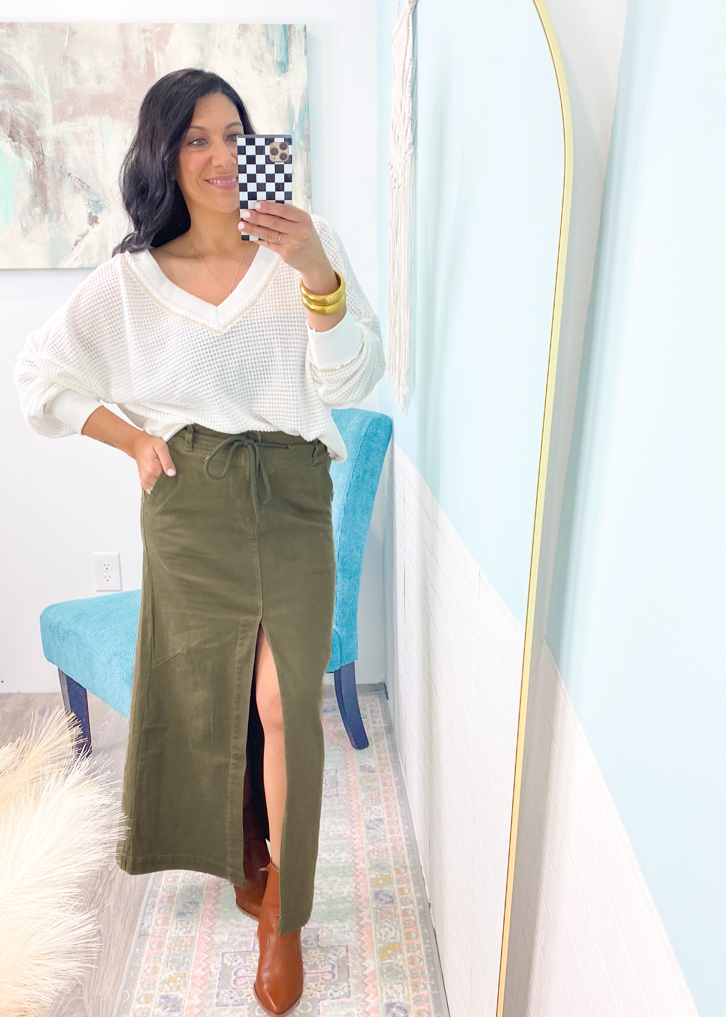 Green denim midi skirt hotsell