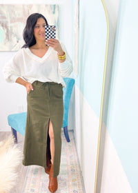 'Just Right' Olive Deep Green Stretch Denim Midi Skirt-This deep olive olive maxi skirt is so stretchy, comfortable and can be worn all year with all your neutral colors! The relaxed fit allows you to wear it super casual or dressier. An add to cart you won't regret!-Cali Moon Boutique, Plainville Connecticut