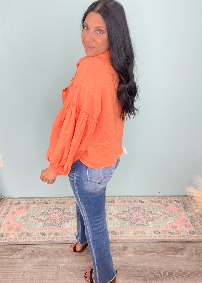 'Free Spirit' Vibrant Orange Gauze Balloon Sleeve Button Front Top-Lightweight gauze top in a beautiful bright orange that is perfect for Spring & Summer Days! The balloon sleeve looks adorable with shorts. Wear buttoned or unbuttoned as a layering top.-Cali Moon Boutique, Plainville Connecticut