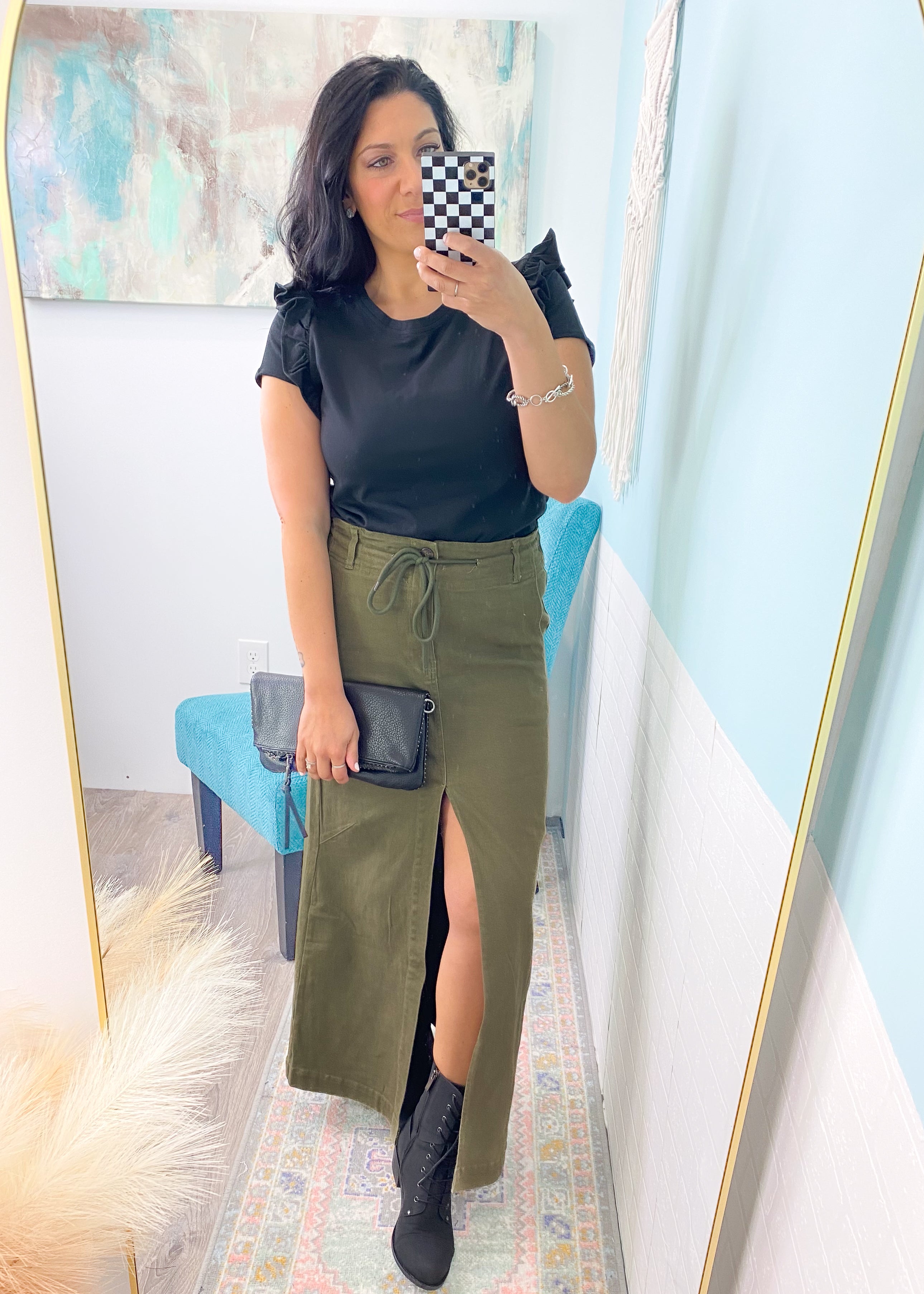 Olive green skirts jeans hotsell