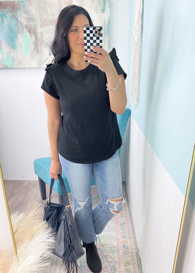 'Rhonda' Black Round Neck Tee with Ruffle Trim-Elevated basic alert! A ruffle sleeve detail takes this comfy and classic black tee to the next level! Everyday wear approved. Wear to work, running errands, casual day events or even dressed up for a night out!-Cali Moon Boutique, Plainville Connecticut