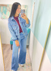 'Johnny' Medium Wash Bomber Style Jean Jacket-Your new favorite&nbsp;everyday sweater&nbsp;has arrived! This adorable&nbsp;melange sweater&nbsp;has a relaxed oversized fit in the softest fabric. Wear over leggings or jeans and wear tucked in or out depending on the look you are going for!-Cali Moon Boutique, Plainville Connecticut