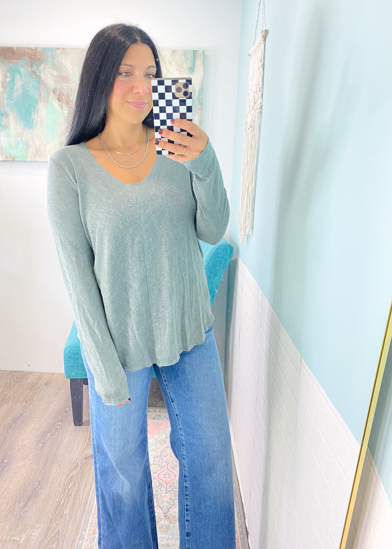 Kaley Sage V-Neck Long Sleeve Slub Tee-Once you feel this fabric, you'll fall in love! A classic basic long sleeve tee to wear alone during Fall transition &amp; layer as the weather really cools.-Cali Moon Boutique, Plainville Connecticut