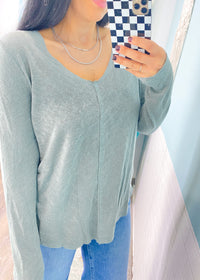 Kaley Sage V-Neck Long Sleeve Slub Tee-Once you feel this fabric, you'll fall in love! A classic basic long sleeve tee to wear alone during Fall transition &amp; layer as the weather really cools.-Cali Moon Boutique, Plainville Connecticut