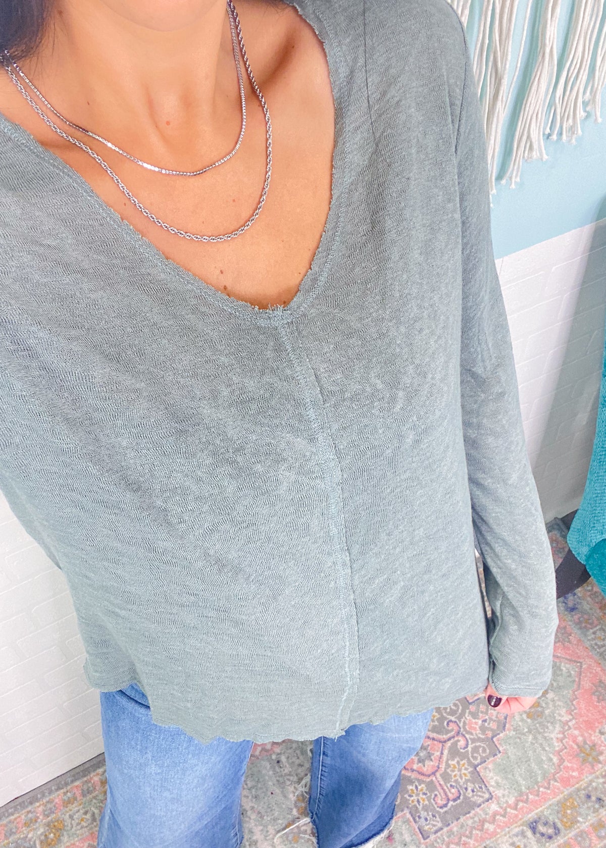 Kaley Sage V-Neck Long Sleeve Slub Tee-Once you feel this fabric, you'll fall in love! A classic basic long sleeve tee to wear alone during Fall transition &amp; layer as the weather really cools.-Cali Moon Boutique, Plainville Connecticut