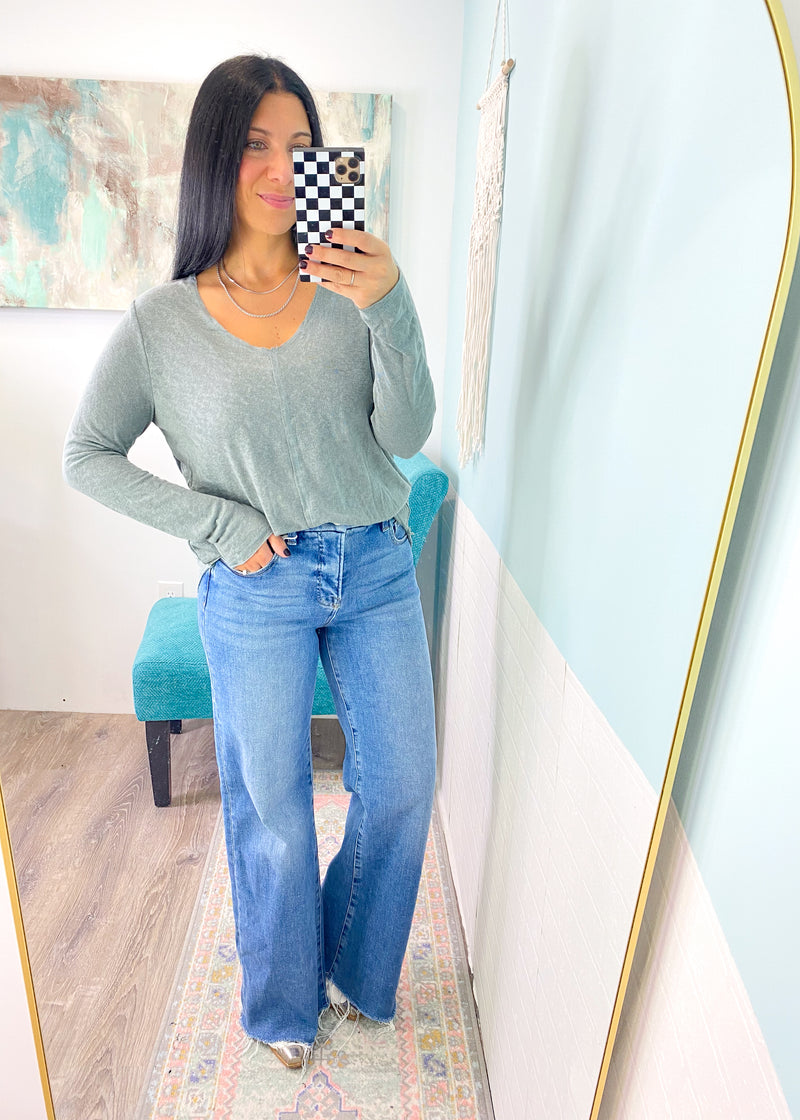 Kaley Sage V-Neck Long Sleeve Slub Tee-Once you feel this fabric, you'll fall in love! A classic basic long sleeve tee to wear alone during Fall transition &amp; layer as the weather really cools.-Cali Moon Boutique, Plainville Connecticut