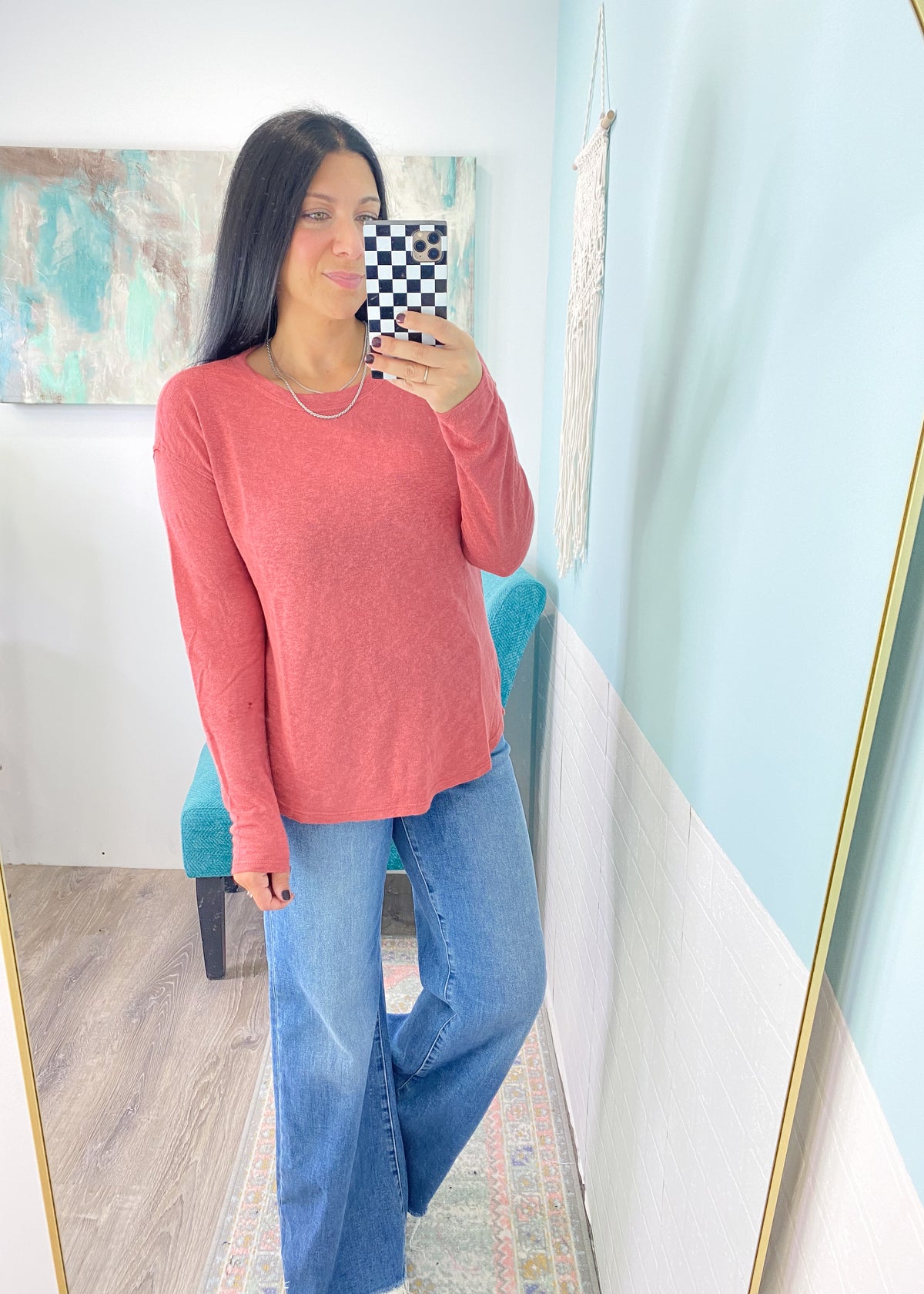 'Trisha' Marsala Round Neck Long Sleeve Slub Tee-Once you feel this fabric, you'll fall in love! A classic basic long sleeve tee to wear alone during Fall transition &amp; layer as the weather really cools.-Cali Moon Boutique, Plainville Connecticut